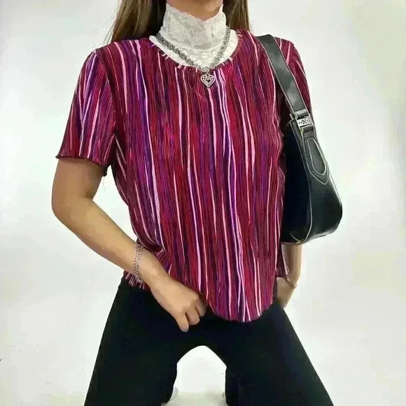 Lettuce hem pleated stripe  baby tee - Picture 1 of 3